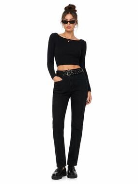NWT GRLFRND Alivia High Rise Straight Leg Belted Ankle Jeans in Black Size 24
